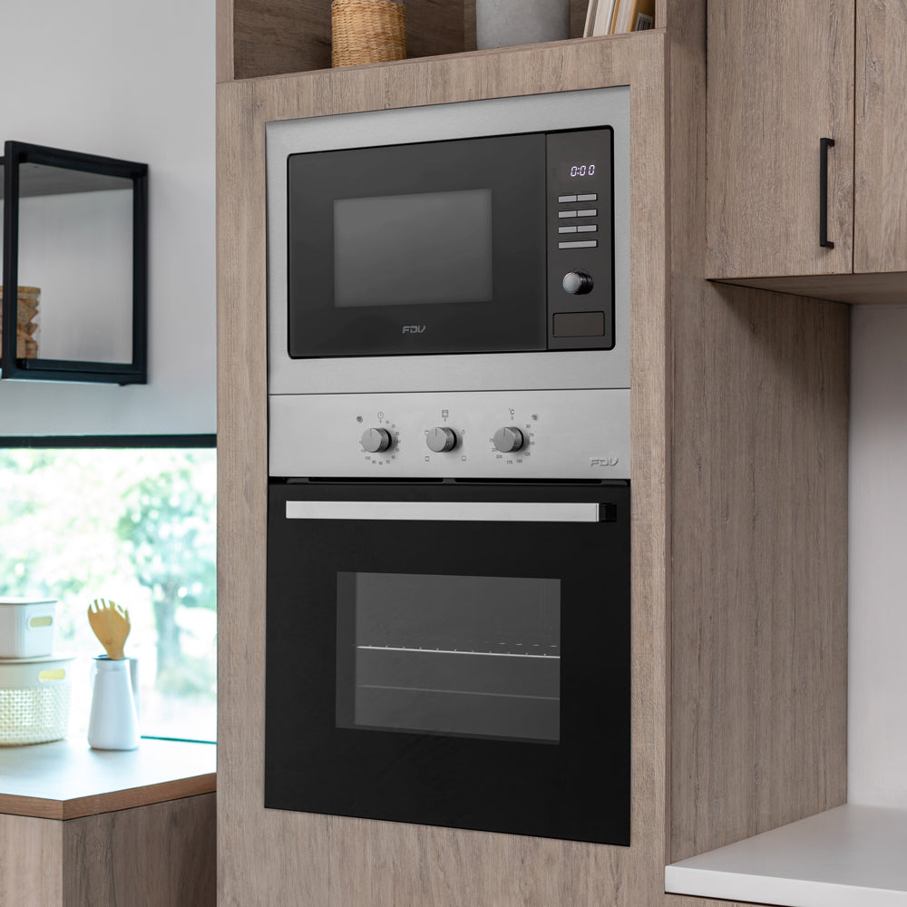 Kit Horno Empotrado Design 57 Lts FDV + Microondas Empotrado Design 25 Lts FDV, con acabados en acero inoxidable y tecnología avanzada para cocinas modernas