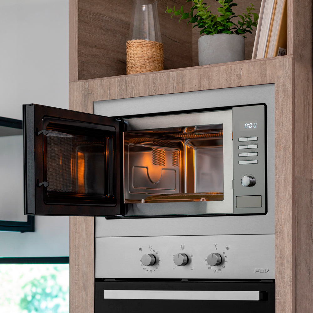 Microondas Empotrado Design 25 Lts FDV, con acabados en acero inoxidable y tecnología avanzada para cocinas modernas
