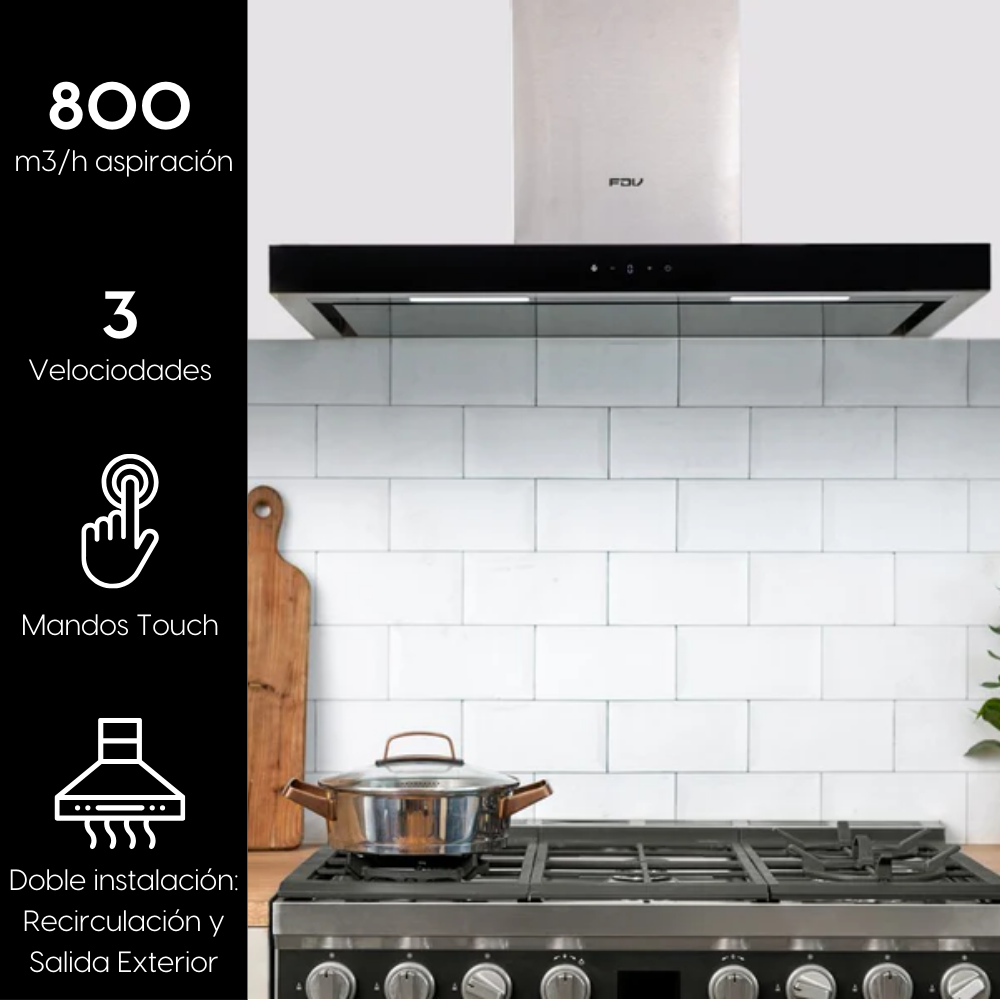 Campana de Pared Deluxe Chef 90 cm 800 m3/h FDV