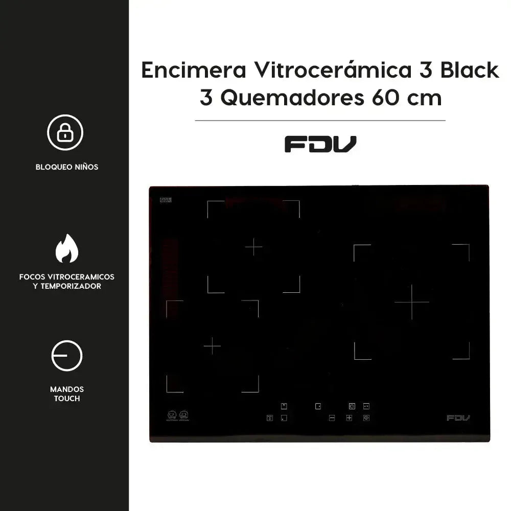 Encimera Vitrocerámica 3 Black 3 Quemadores 60 cm FDV-Kitchen Center